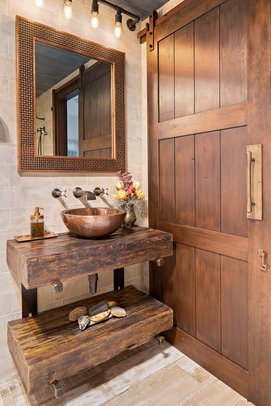 classic looking hand wash sink behind timber door