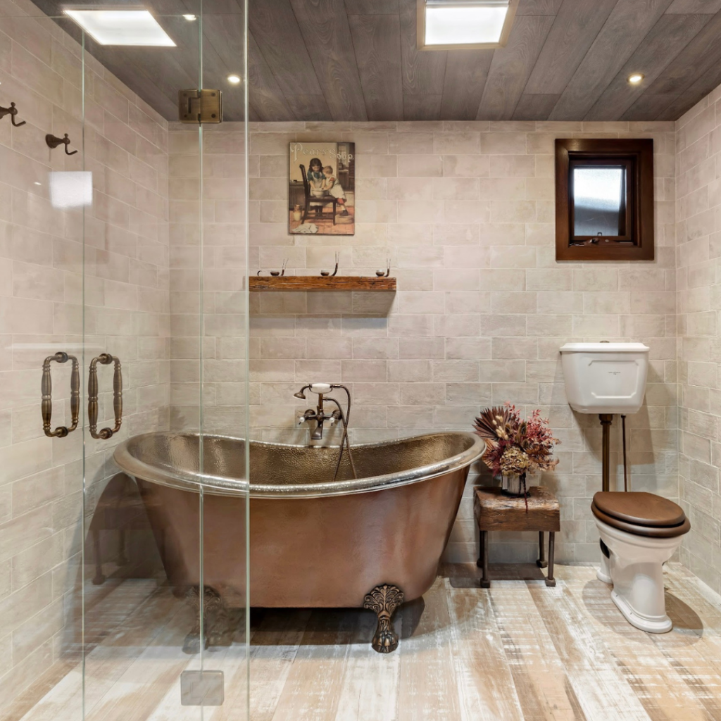 Modern bathroom with black and gold tiles